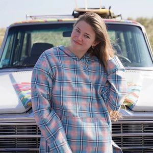 NWOT, Wears Woody 100% Cotton Plaid Flannel Hoodie, US Made,  Pink & Blue SZ XL